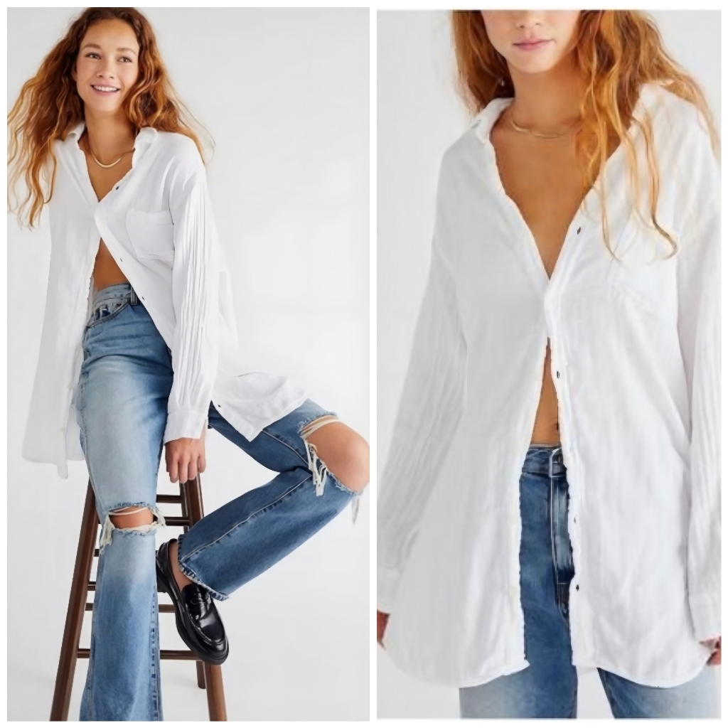 Cp Shades X Free People Double Cloth Cotton White Oversized Button Up Top, L